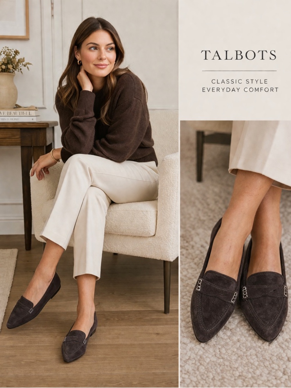 Talbots Suede Loafers Pointed Toe Flats Brown Leather Slip On Preppy‎ 7.5N